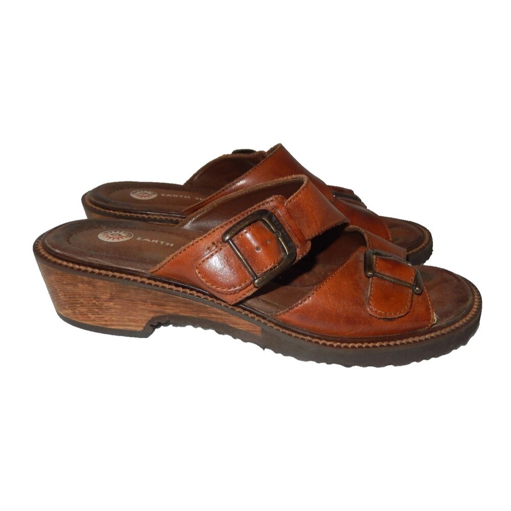 Vintage Earth Shoe Leather Wood Wedge Clog Sandals Women's 8.5 Slip-On Buckles